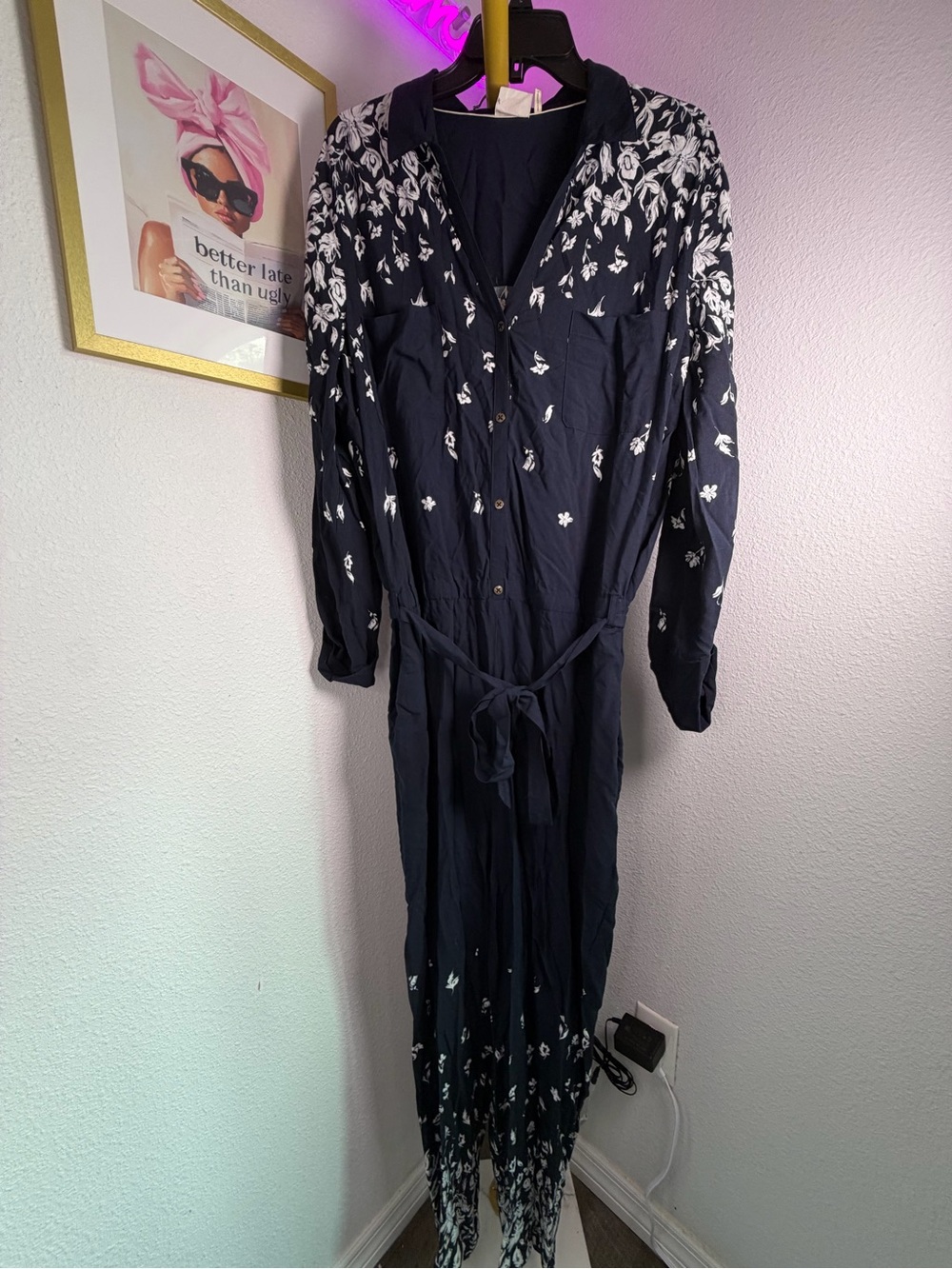 Anthropologie Lilka Navy White Floral Button-Lakeshore Jumpsuit Romper Large
